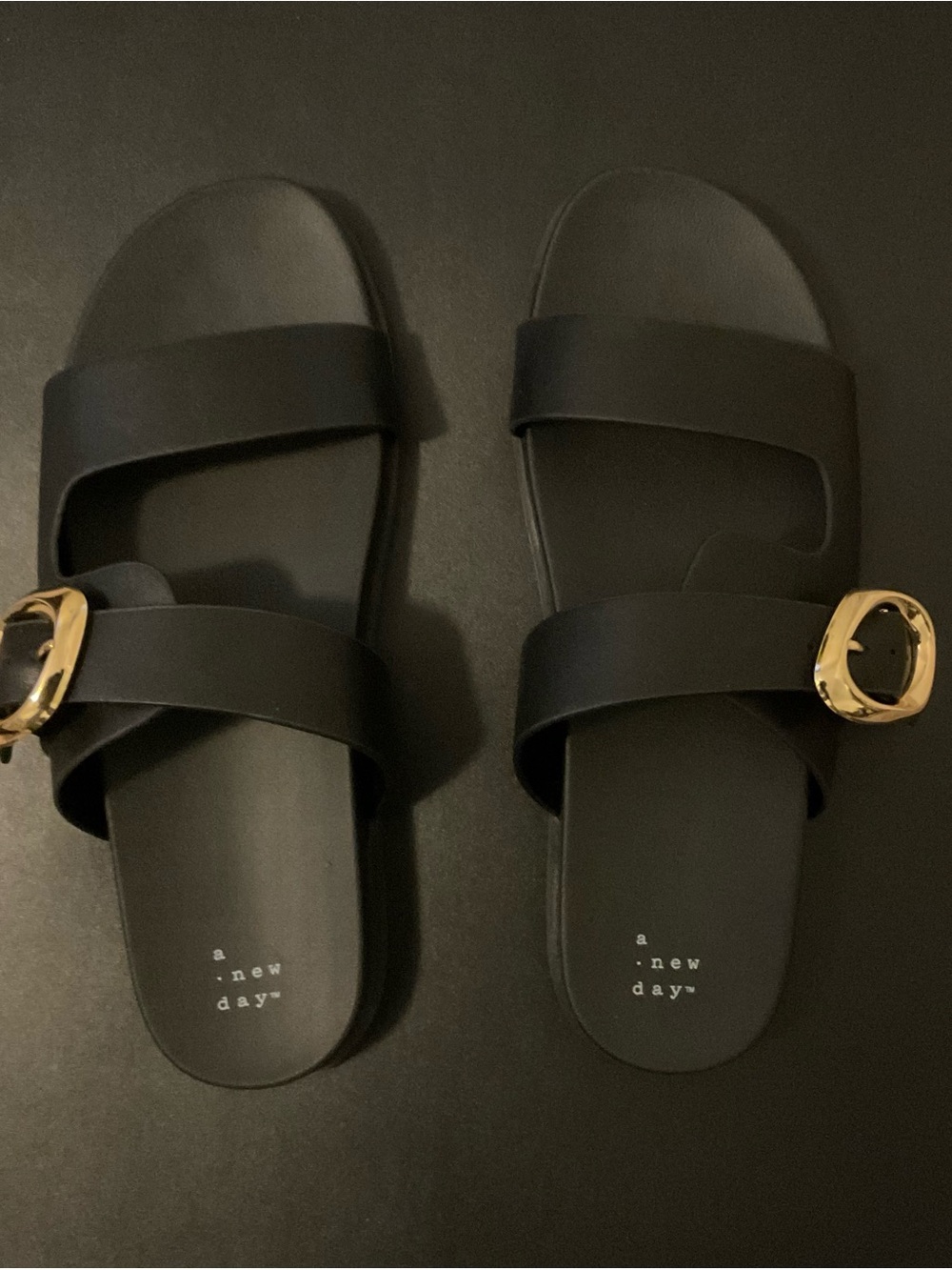 a new day Black Slide Sandals with Gold Accent Buckles